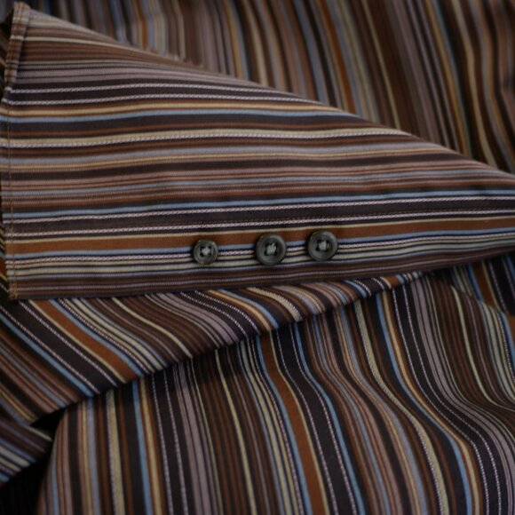 Pronto Uomo XXL Non Iron‎ Brown Blue Striped Pocket Front Collared Dress Shirt - Picture 10 of 11